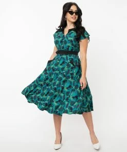 Unique-Vintage X Jurassic Park T-Rex Tropical Print Hedda Swing Dress