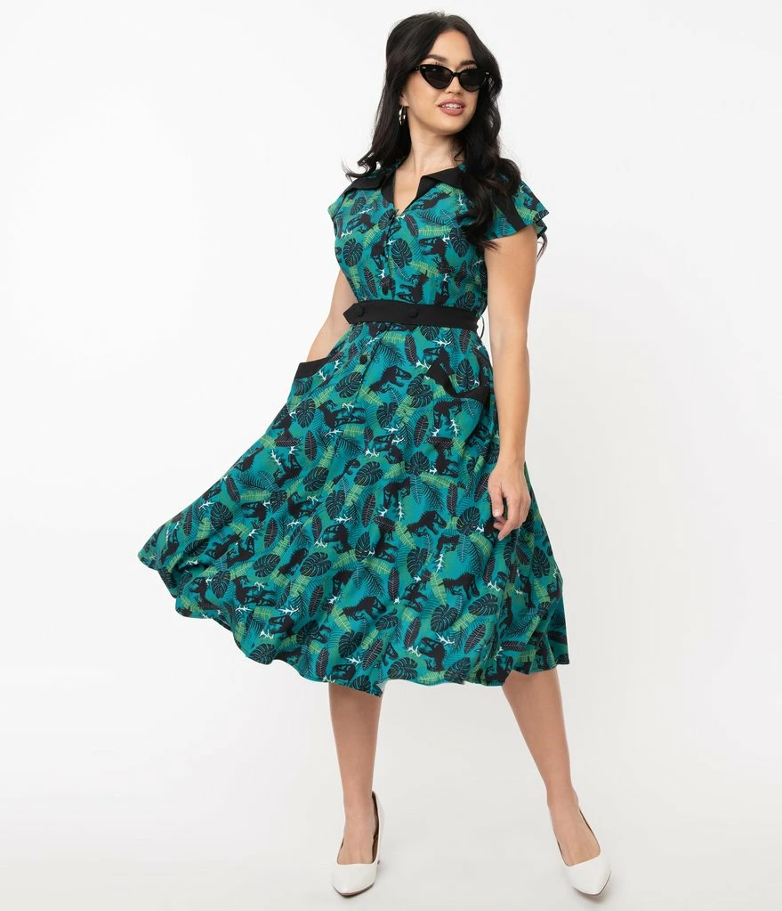 Unique-Vintage X Jurassic Park T-Rex Tropical Print Hedda Swing Dress 1 Unique-Vintage X Jurassic Park T-Rex Tropical Print Hedda Swing Dress