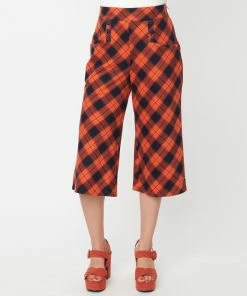 Unique-Vintage Orange & Black Plaid Culottes Ginger Pants - Only Small