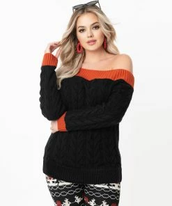 Unique-Vintage Unique Vintage Black & Burnt Orange Off Shoulder Allen Sweater