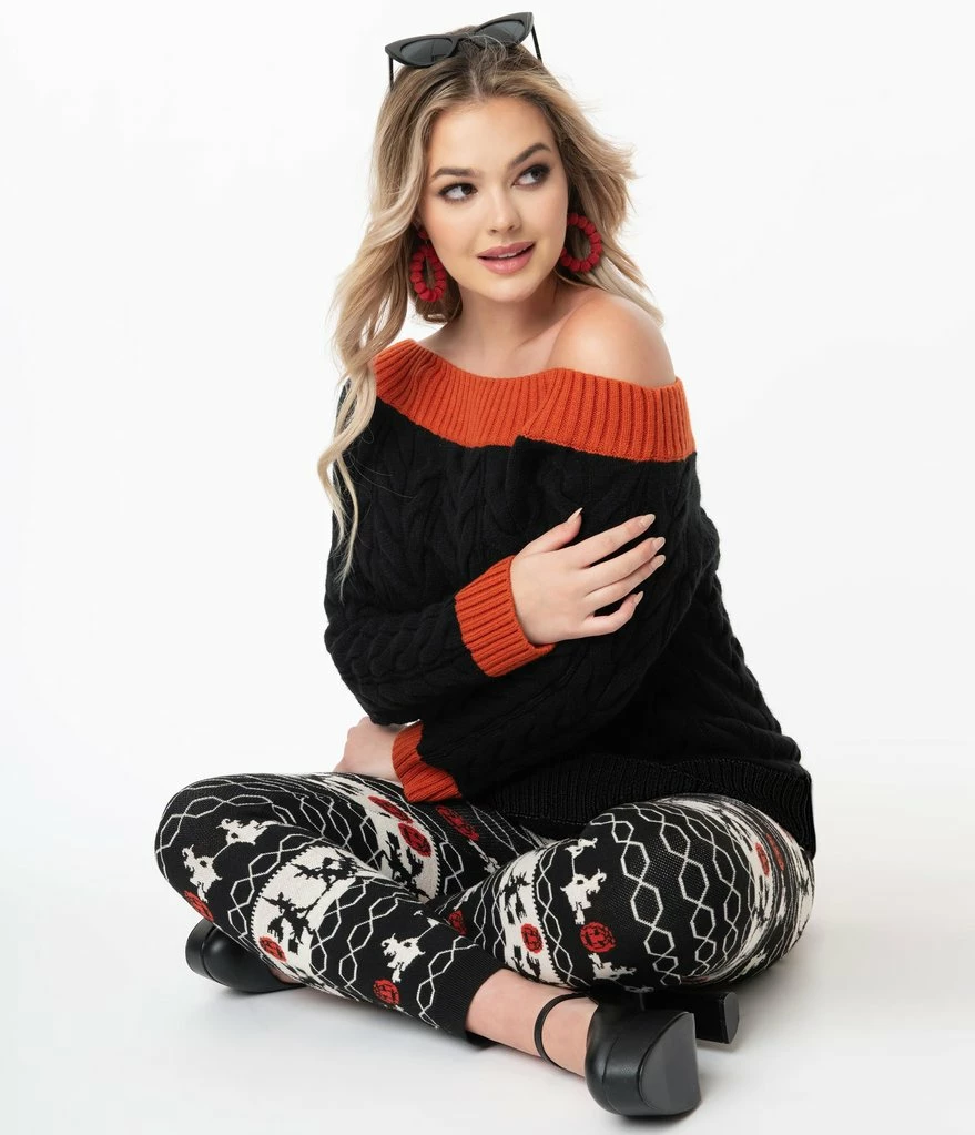 Unique-Vintage Unique Vintage Black & Burnt Orange Off Shoulder Allen Sweater 3 Unique-Vintage Unique Vintage Black & Burnt Orange Off Shoulder Allen Sweater - Image 3