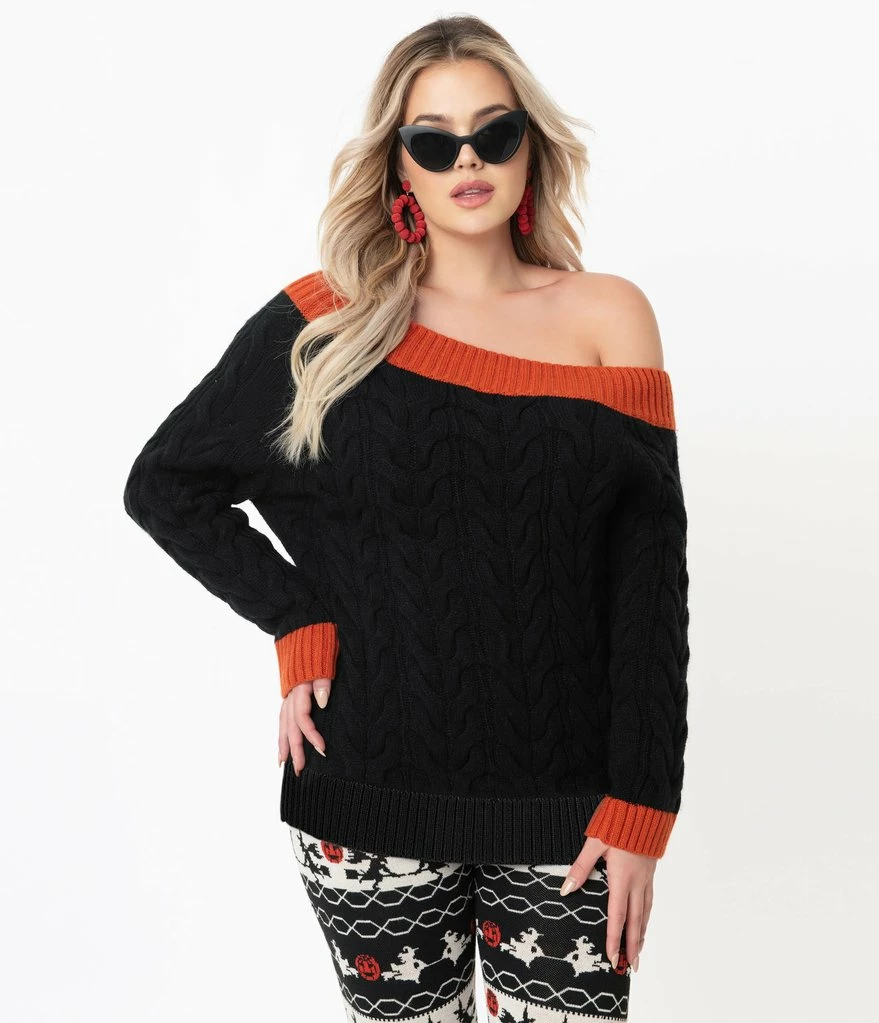 Unique-Vintage Unique Vintage Black & Burnt Orange Off Shoulder Allen Sweater 5 Unique-Vintage Unique Vintage Black & Burnt Orange Off Shoulder Allen Sweater - Image 5