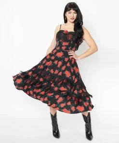 Unique-Vintage Unique Vintage Black & Red Rose Print Girlie Swing Dress