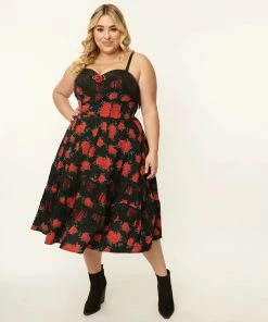 Unique-Vintage Unique Vintage Black & Red Rose Print Girlie Swing Dress -Hot Sale Dresses Shop Black RedRosePrintGirlieSwingDress4