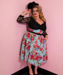 Vixen By Micheline Pitt Romantique Swing Dress In Vintage Blue & Red Rose Print - Vixen By Mic -Hot Sale Dresses Shop Romantique Blue 2