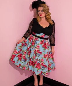 Vixen By Micheline Pitt Romantique Swing Dress In Vintage Blue & Red Rose Print - Vixen By Mic -Hot Sale Dresses Shop Romantique Blue 3
