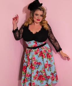 Vixen By Micheline Pitt Romantique Swing Dress In Vintage Blue & Red Rose Print - Vixen By Mic -Hot Sale Dresses Shop Romantique Blue 4
