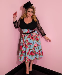 Vixen By Micheline Pitt Romantique Swing Dress In Vintage Blue & Red Rose Print - Vixen By Mic