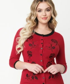 Unique-Vintage Unique Vintage Bookworm Cardigan Red Rose