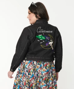 Unique-Vintage X DC Unique Vintage X DC Comics Catwoman Black Denim Wash, Rhythm & Blue Je -Hot Sale Dresses Shop catwomenjkt1