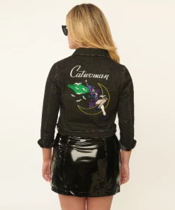 Unique-Vintage X DC Unique Vintage X DC Comics Catwoman Black Denim Wash, Rhythm & Blue Je -Hot Sale Dresses Shop catwomenjkt3