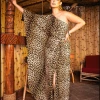 Elle Rebel Curacao Caftan Dress In Leopard Jersey Or Satin Golden Palms - Elle Re