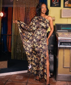 Elle Rebel Curacao Caftan Dress In Leopard Jersey Or Satin Golden Palms - Elle Re -Hot Sale Dresses Shop curacaocaftansatin