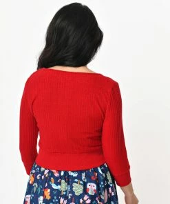 Unique-Vintage Red Cable Knit Dandy Cardigan -Hot Sale Dresses Shop dandycablered1