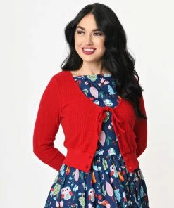 Unique-Vintage Red Cable Knit Dandy Cardigan -Hot Sale Dresses Shop dandycablered2