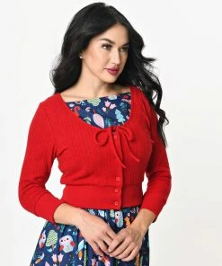 Unique-Vintage Red Cable Knit Dandy Cardigan