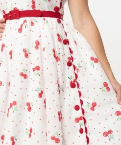 Unique-Vintage White & Red Cherry Print Livvie Swing Dress - Only Smal -Hot Sale Dresses Shop livviewhitecherry2