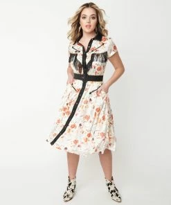 Unique-Vintage Unique Vintage Cream & Floral Print Madeline Swing Dress