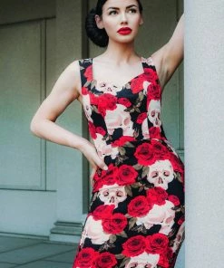 Rizzo Pencil Dress, Skulls And Roses - KataKomb By Kassandra Love