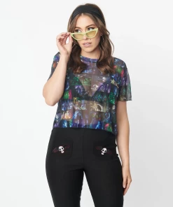 Unique Vintage X Corpse Bride Movie Collage Mesh Crop Top
