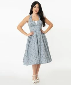 Unique-Vintage Light Blue Gingham & Cherry Print Shelia Swing Dress -