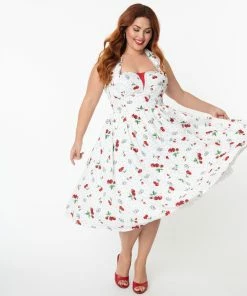 Unique-Vintage White & Red Cherry Print Shelia Swing Dress - Only XSma