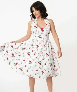 Unique-Vintage White & Red Cherry Print Shelia Swing Dress - Only XSma -Hot Sale Dresses Shop sheliawhite3