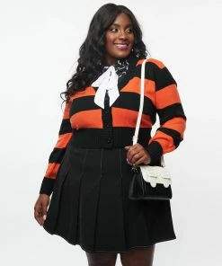 Unique-Vintage Smak Parlour Orange & Black Striped Spooky Scaredy Cat Cardigan -Hot Sale Dresses Shop spookycatcardigan