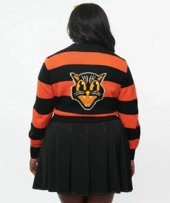 Unique-Vintage Smak Parlour Orange & Black Striped Spooky Scaredy Cat Cardigan -Hot Sale Dresses Shop spookycatcardigan1