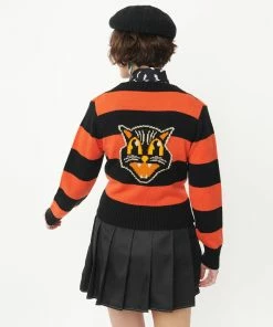 Unique-Vintage Smak Parlour Orange & Black Striped Spooky Scaredy Cat Cardigan