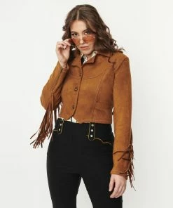 Unique-Vintage Unique Vintage Brown Suede Fringe Cattle Call Jacket -Hot Sale Dresses Shop suedejkt3