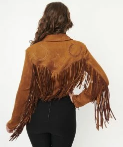 Unique-Vintage Unique Vintage Brown Suede Fringe Cattle Call Jacket -Hot Sale Dresses Shop suedejkt4