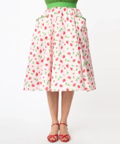 Unique-Vintage Light Pink & Strawberry Print Susannah Swing Skirt