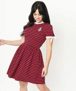 Unique-Vintage X Popeye Unique Vintage X Popeye Red & Navy Popeye Stripe Flare Dress