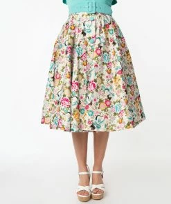Unique-Vintage Ivory & Multicolor Crane Print Waikiki Swing Skirt