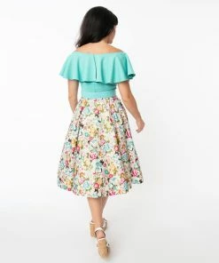 Unique-Vintage Ivory & Multicolor Crane Print Waikiki Swing Skirt -Hot Sale Dresses Shop waikikiCraneCreamPrintSkirt2