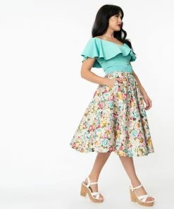 Unique-Vintage Ivory & Multicolor Crane Print Waikiki Swing Skirt -Hot Sale Dresses Shop waikikiCraneCreamPrintSkirt3