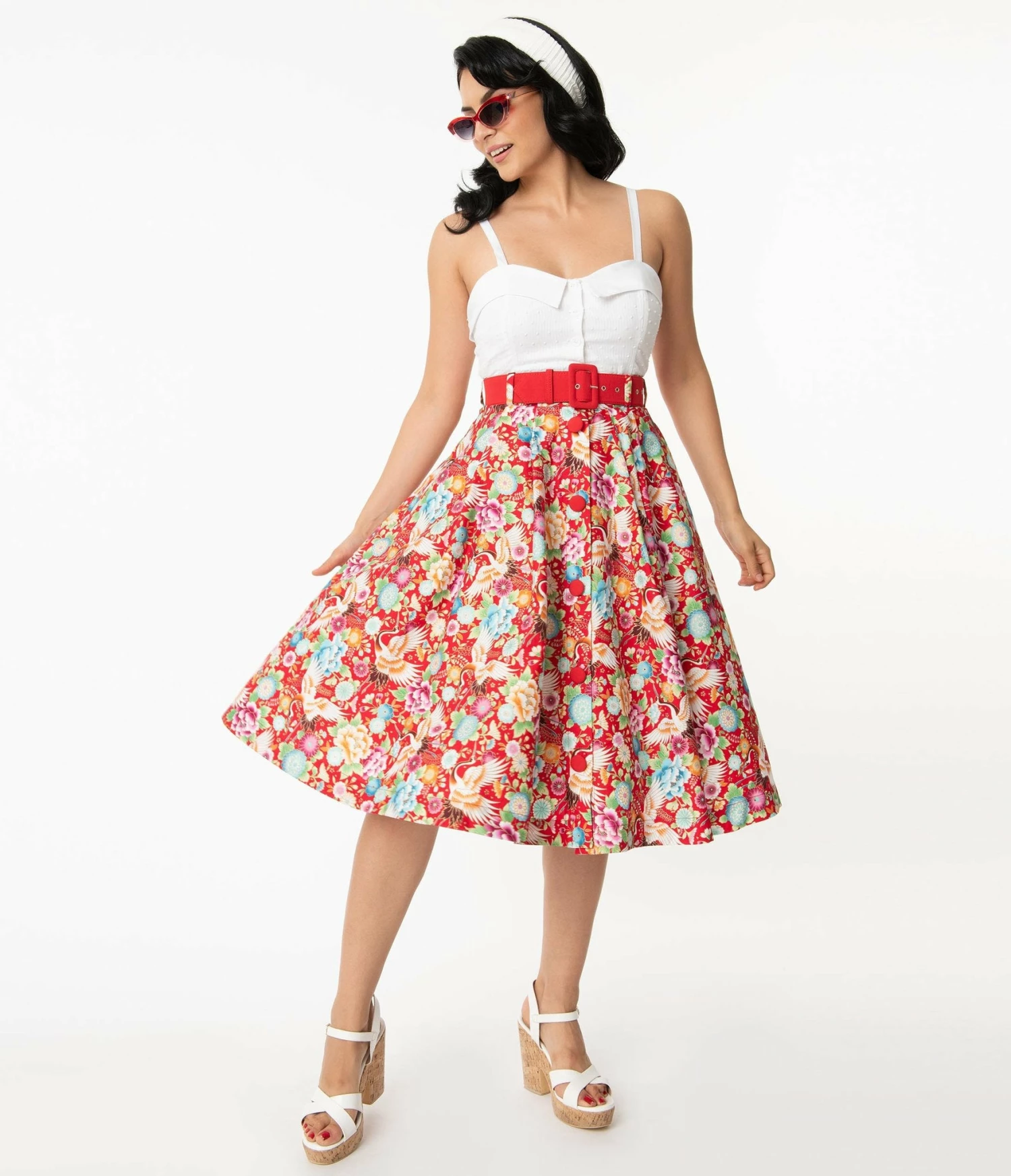 Unique-Vintage Red & Multicolor Crane Print Waikiki Swing Skirt 2 Unique-Vintage Red & Multicolor Crane Print Waikiki Swing Skirt - Image 2