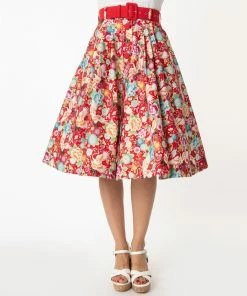 Unique-Vintage Red & Multicolor Crane Print Waikiki Swing Skirt