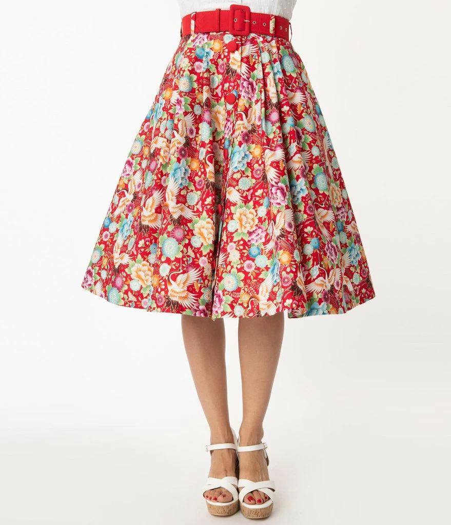 Unique-Vintage Red & Multicolor Crane Print Waikiki Swing Skirt 1 Unique-Vintage Red & Multicolor Crane Print Waikiki Swing Skirt