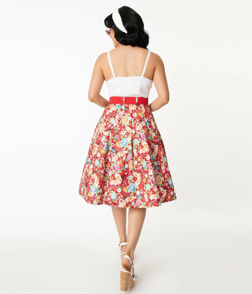 Unique-Vintage Red & Multicolor Crane Print Waikiki Swing Skirt 3 Unique-Vintage Red & Multicolor Crane Print Waikiki Swing Skirt - Image 3