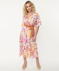 Unique-Vintage X Smiley Unique Vintage X Smiley® Purple Florals Wrap Midi Dress