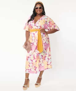 Unique-Vintage X Smiley Unique Vintage X Smiley® Purple Florals Wrap Midi Dress -Hot Sale Dresses Shop wrapdress3